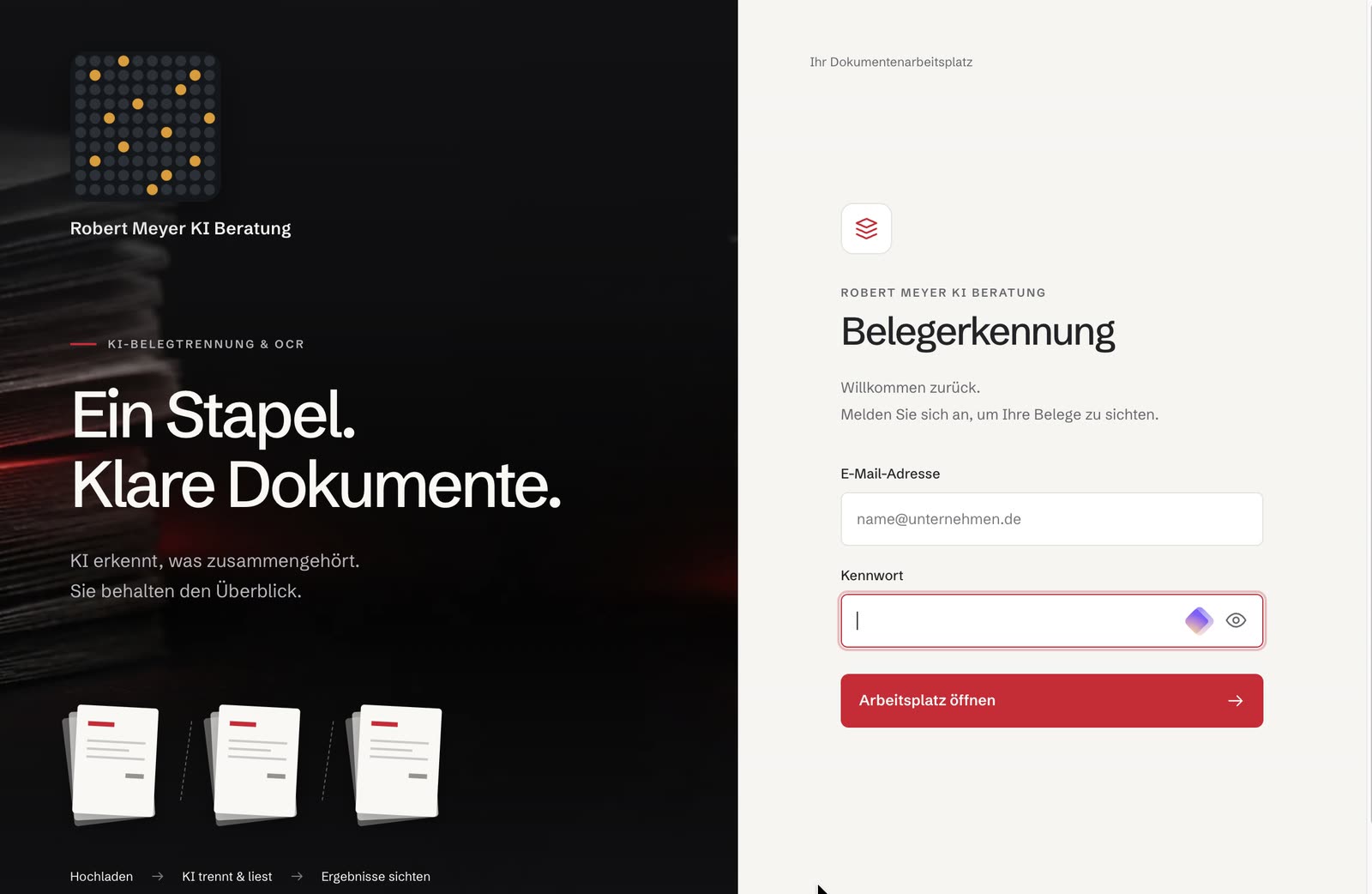Anmeldeseite der Belegerkennung mit dem Leitsatz „Ein Stapel. Klare Dokumente.“ und den Schritten Hochladen, KI trennt und liest, Ergebnisse sichten.